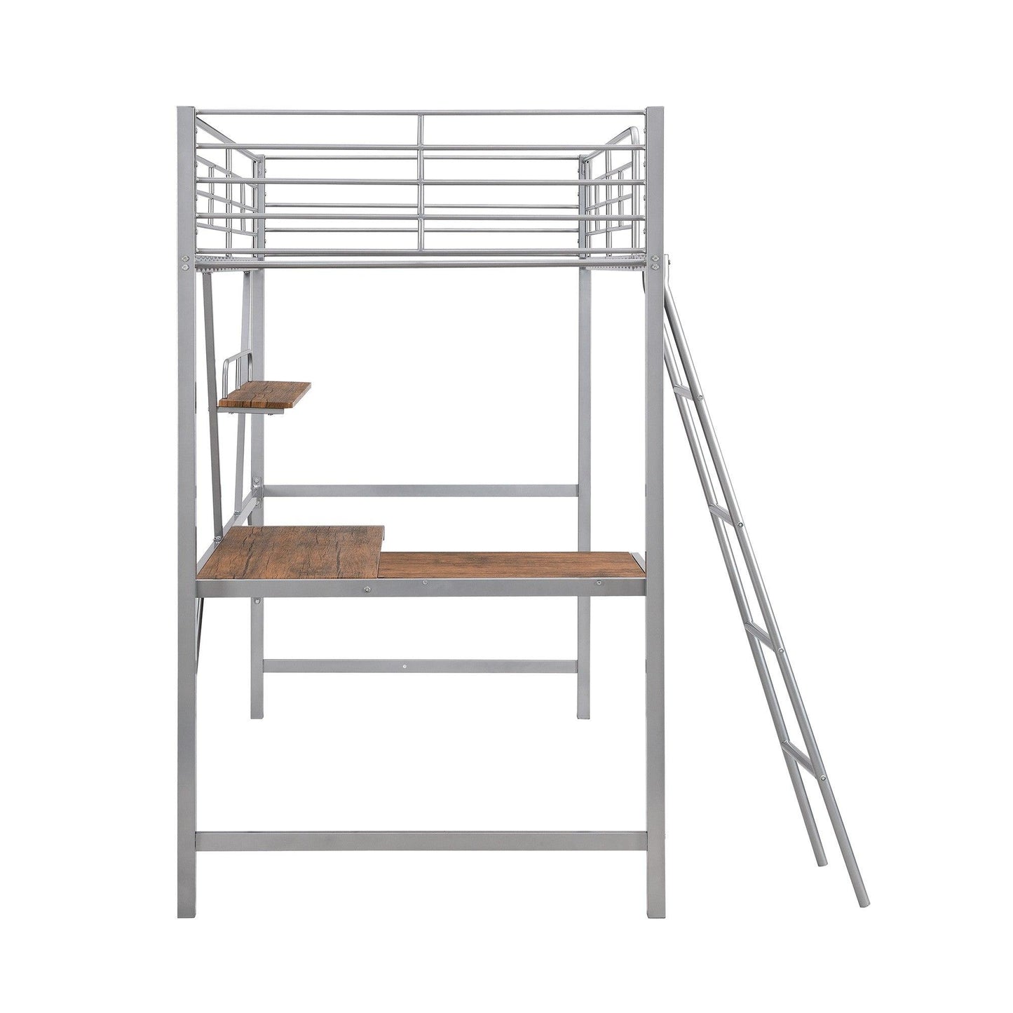 Silver Metal Loft Bed with L Shaped Desk and Shelf - FurniFindUSA