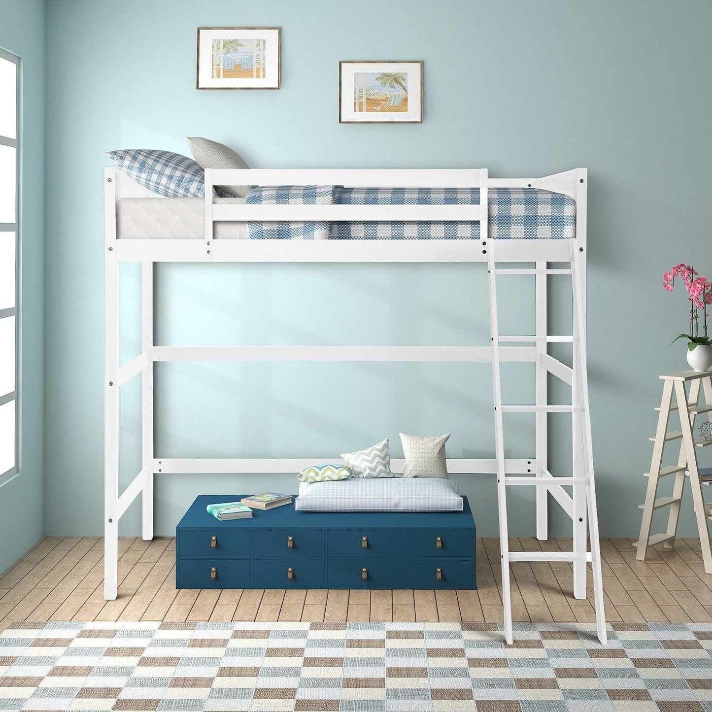 White Twin Size High Loft Bed - FurniFindUSA