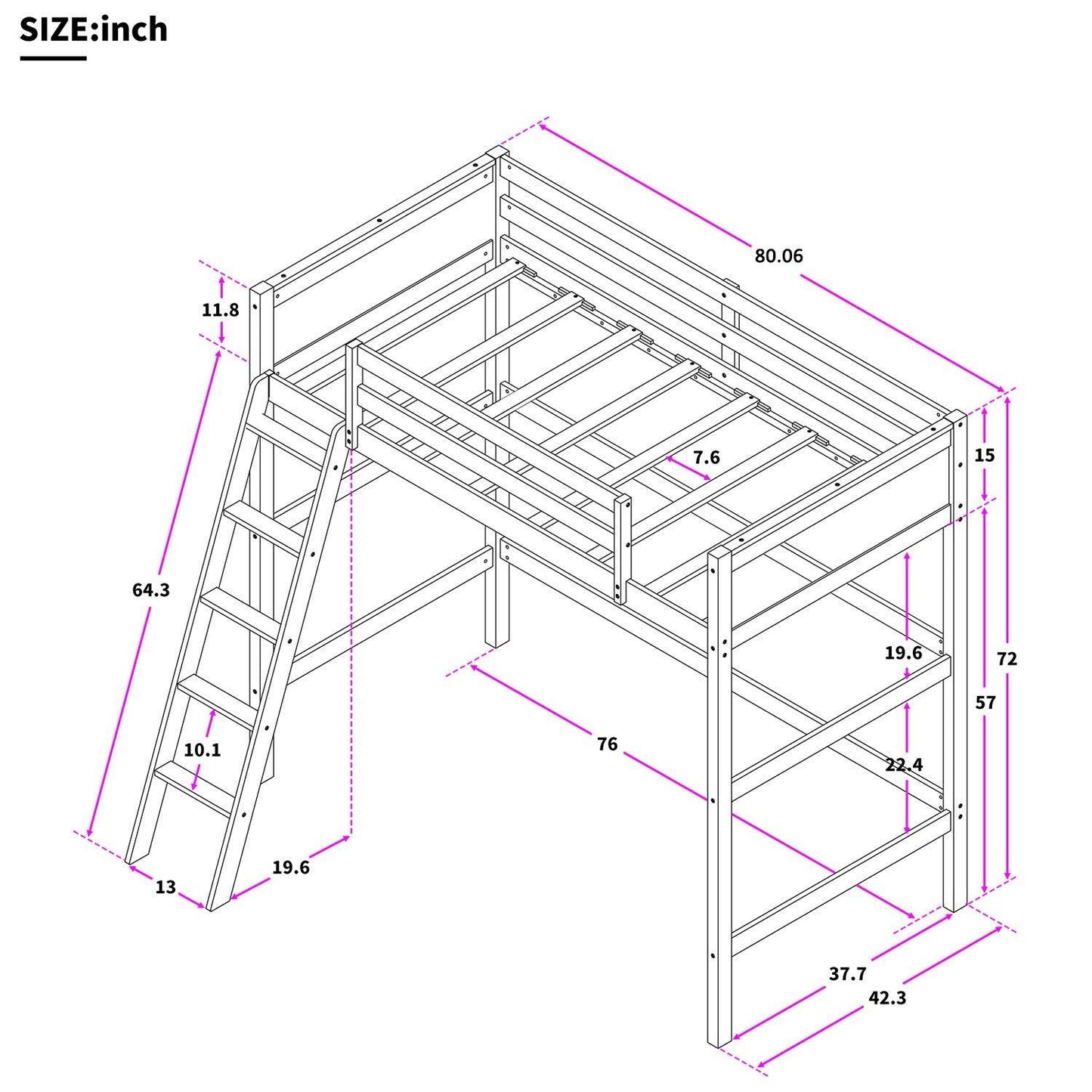 White Twin Size High Loft Bed - FurniFindUSA