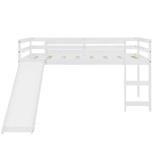 White Low Loft Bed With Slide - FurniFindUSA