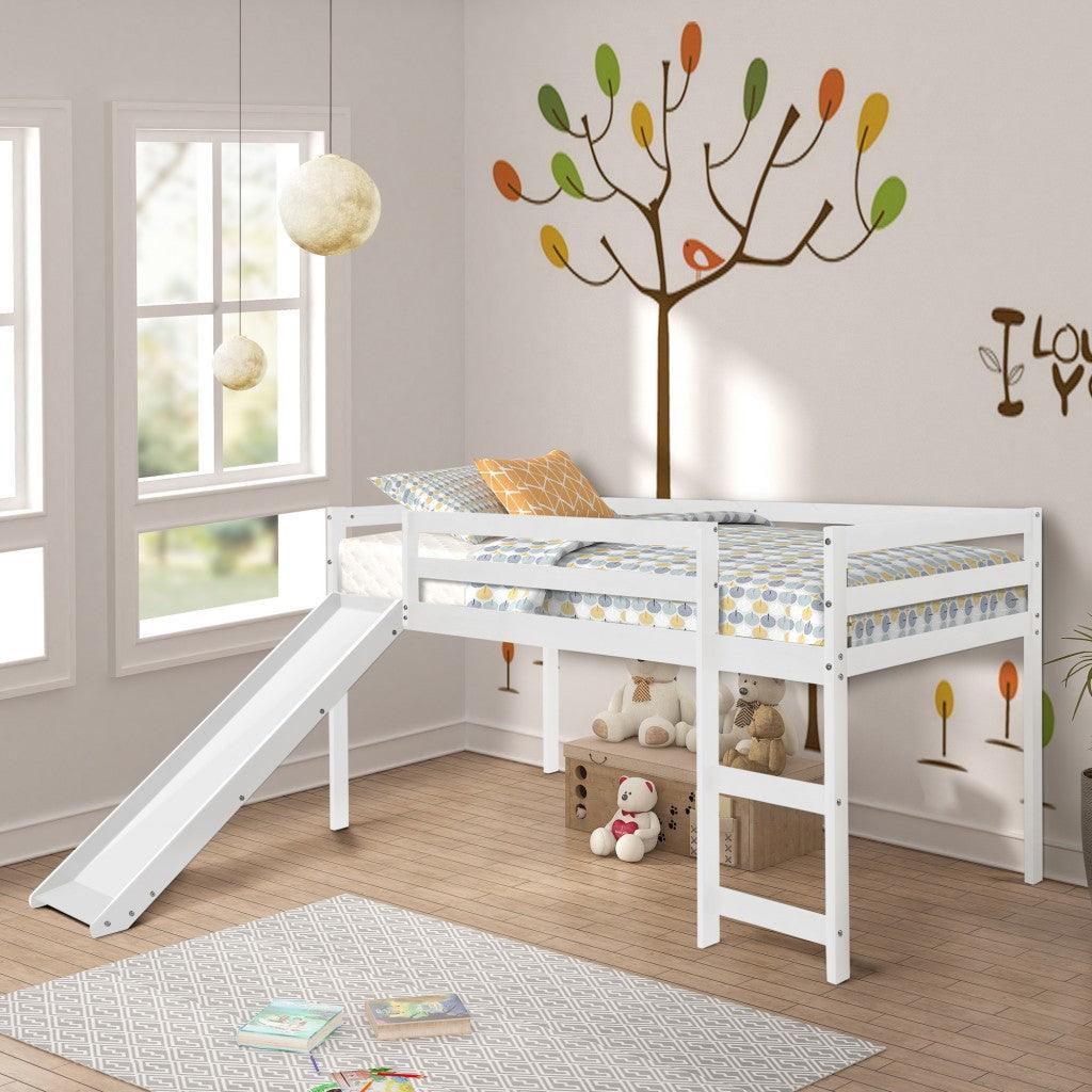 White Low Loft Bed With Slide - FurniFindUSA