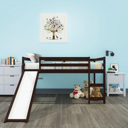 Brown Low Loft Bed With Slide - FurniFindUSA