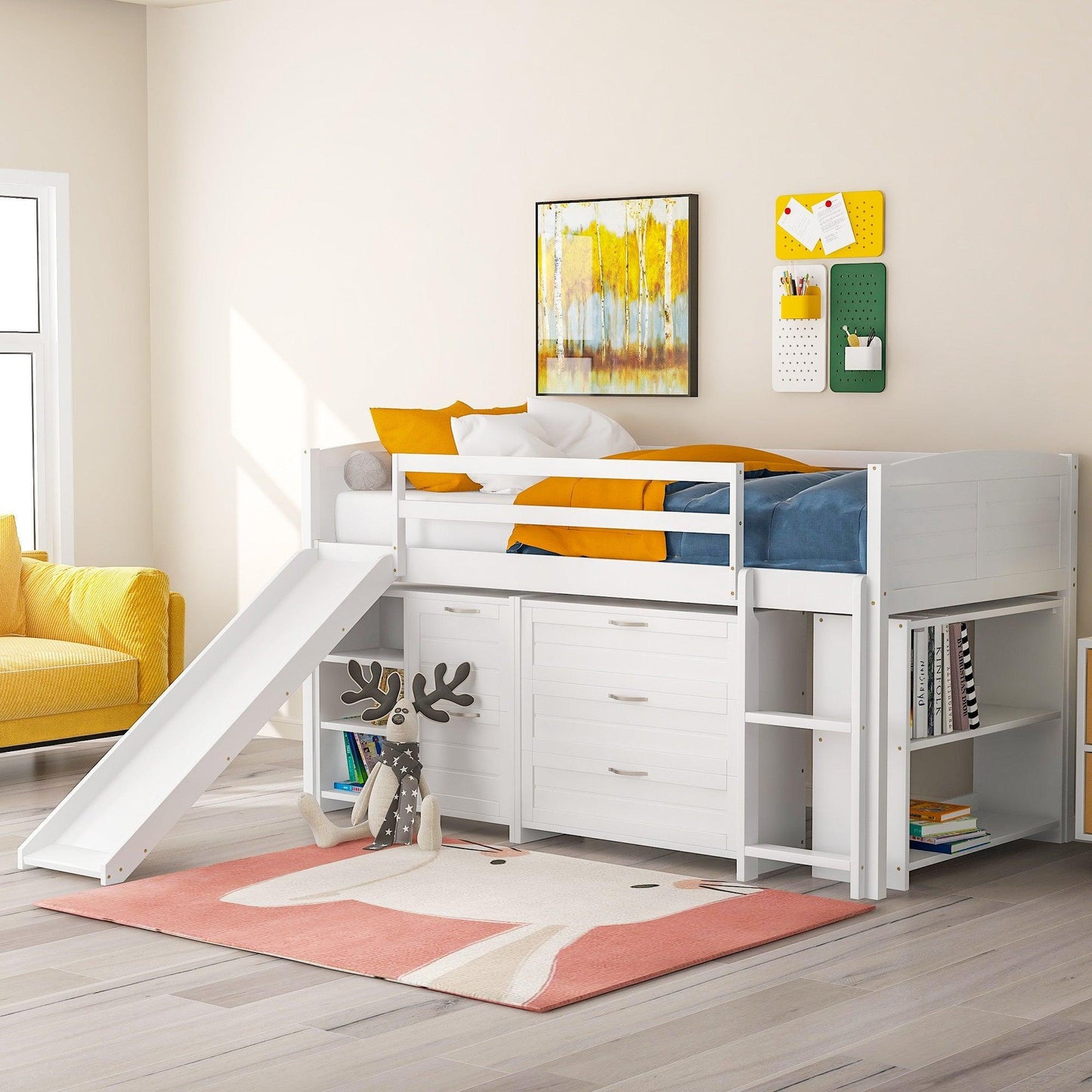 White Twin Size Low Loft Bed With Cabinets and Slide - FurniFindUSA