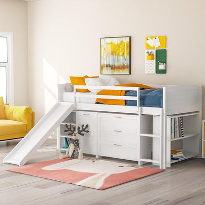 White Twin Size Low Loft Bed With Cabinets and Slide - FurniFindUSA