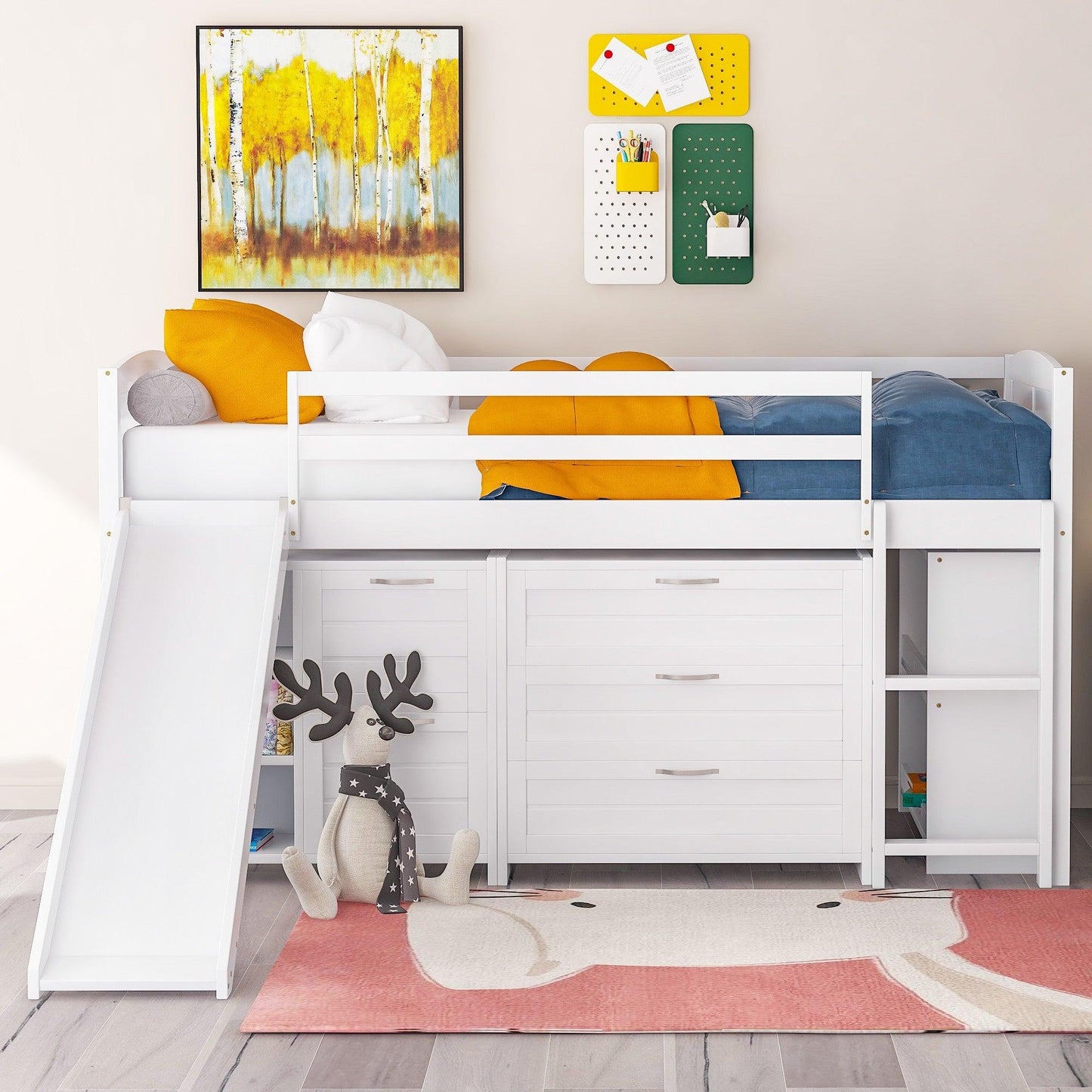 White Twin Size Low Loft Bed With Cabinets and Slide - FurniFindUSA