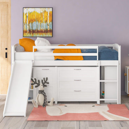 White Twin Size Low Loft Bed With Cabinets and Slide - FurniFindUSA