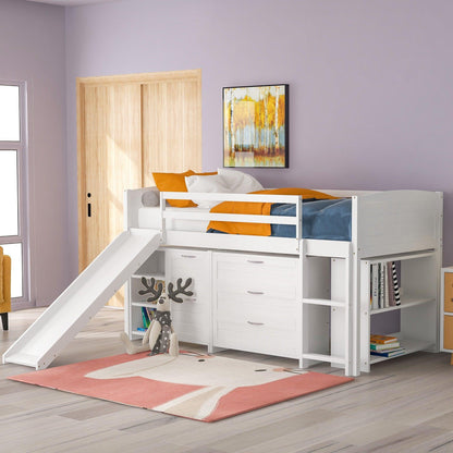 White Twin Size Low Loft Bed With Cabinets and Slide - FurniFindUSA