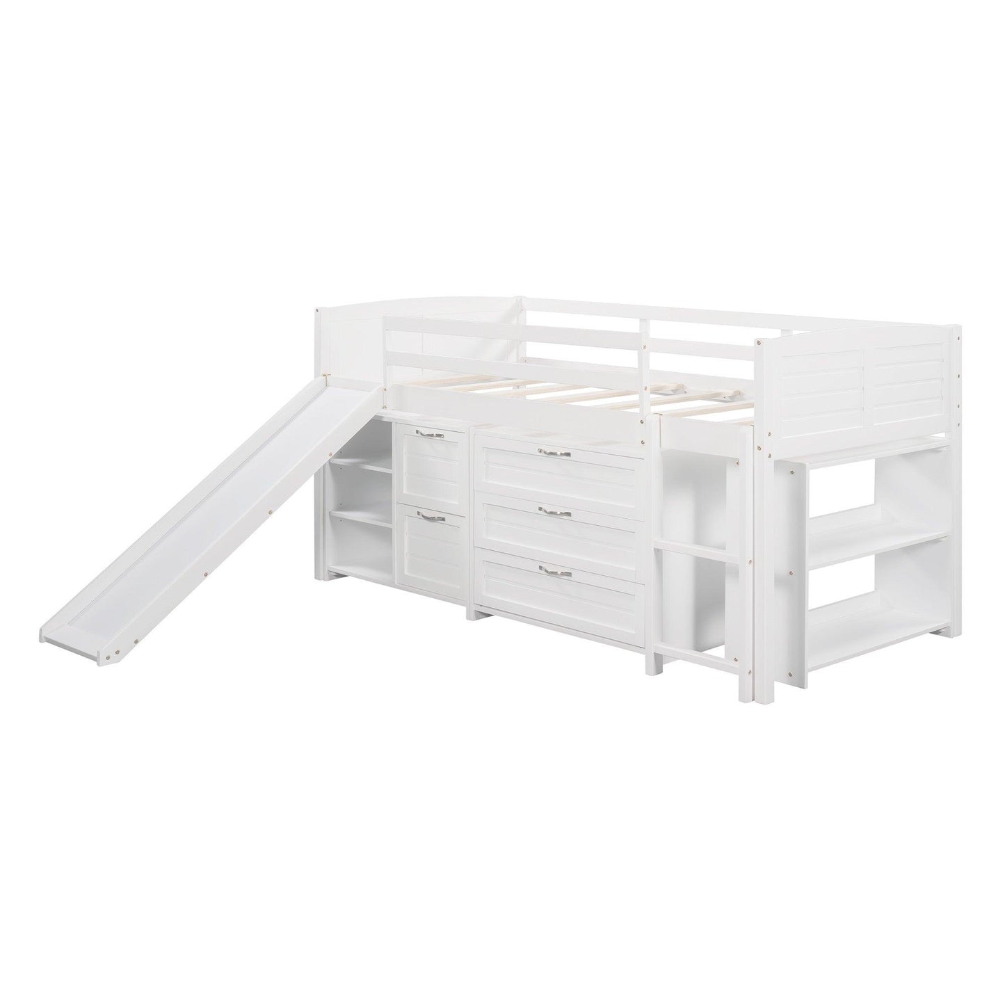 White Twin Size Low Loft Bed With Cabinets and Slide - FurniFindUSA