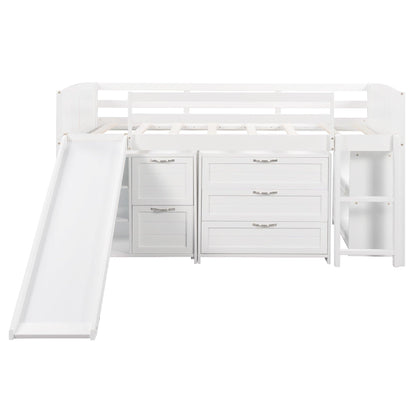 White Twin Size Low Loft Bed With Cabinets and Slide - FurniFindUSA