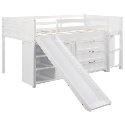 White Twin Size Low Loft Bed With Cabinets and Slide - FurniFindUSA