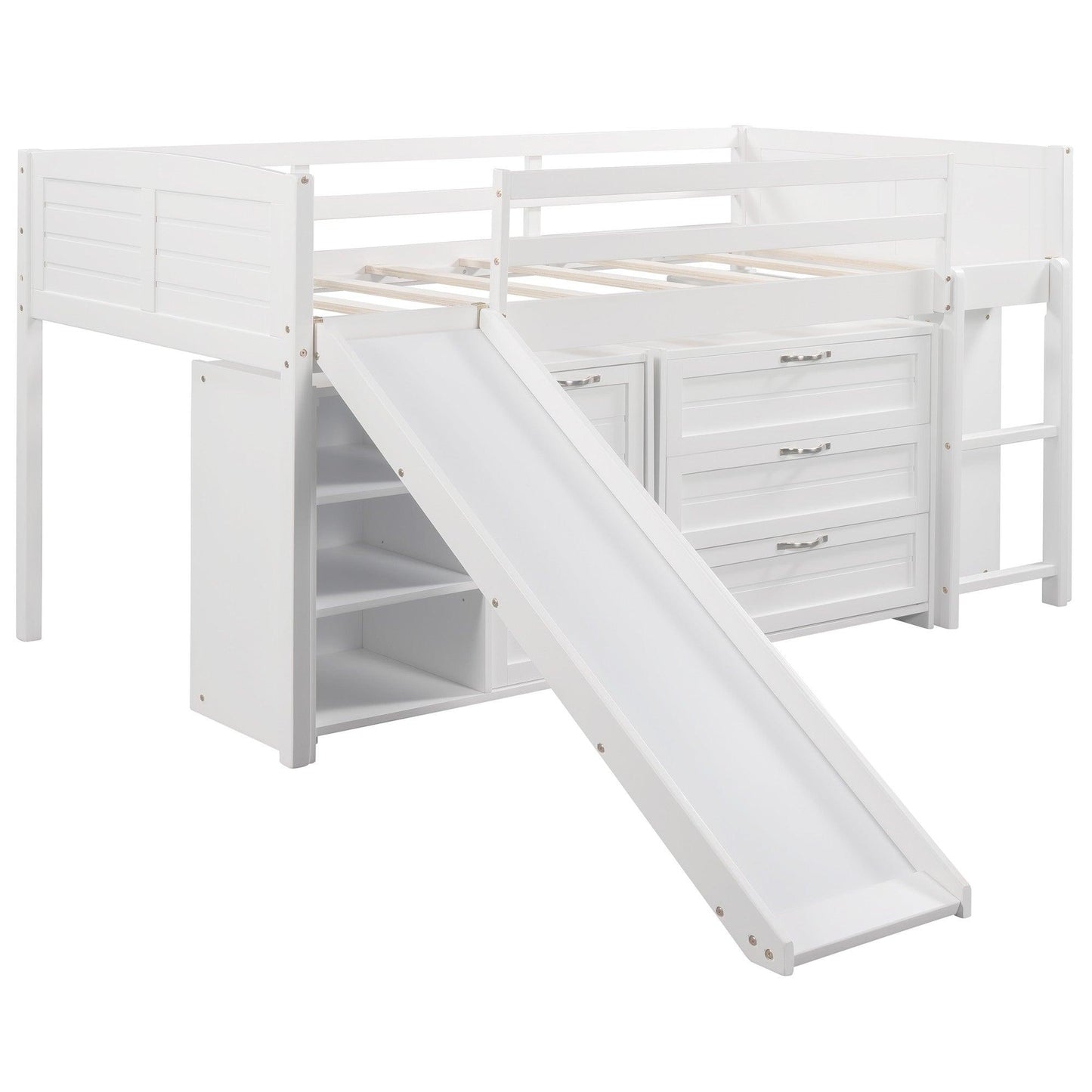 White Twin Size Low Loft Bed With Cabinets and Slide - FurniFindUSA