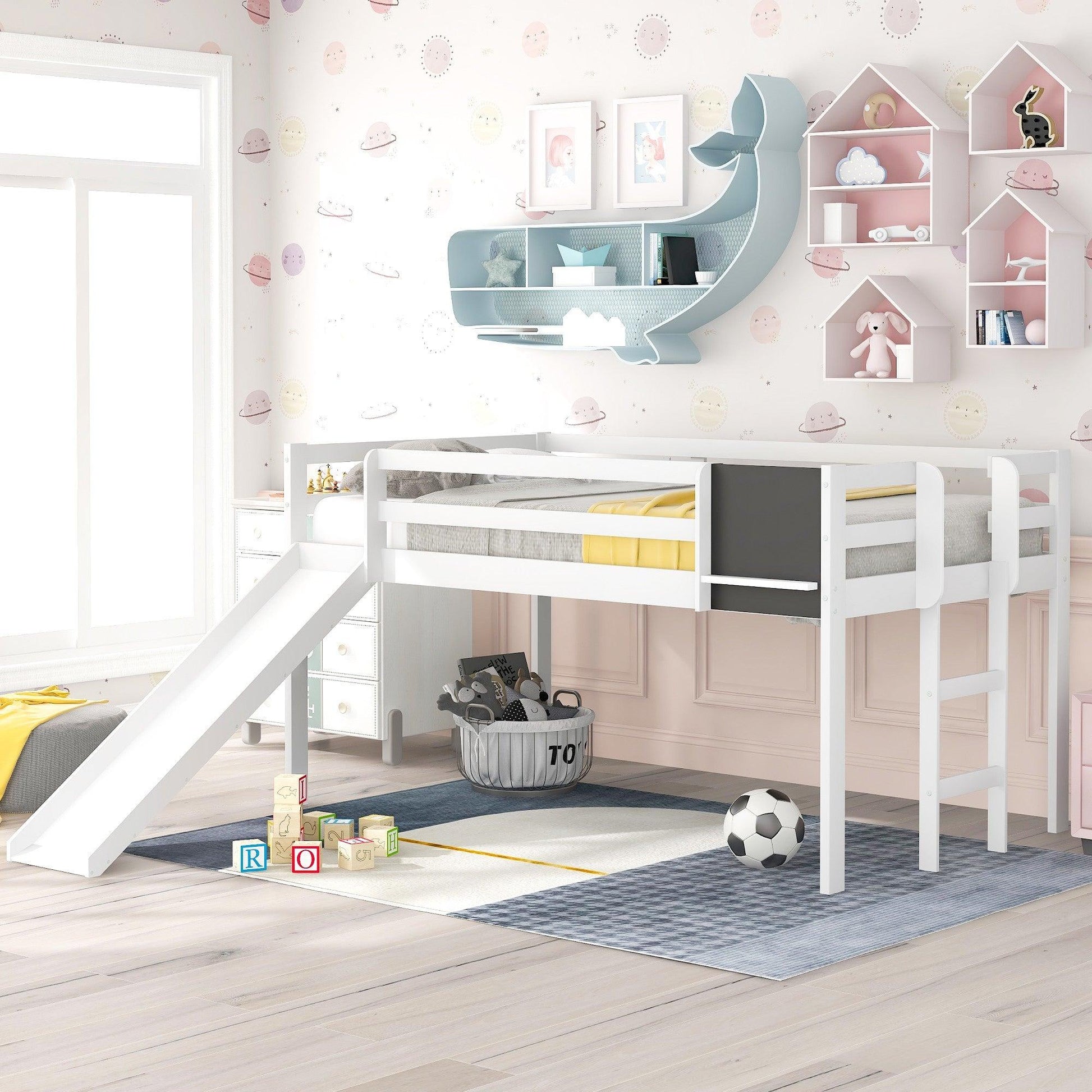 White Twin Loft Bed Bed Chalkboard and Slide - FurniFindUSA
