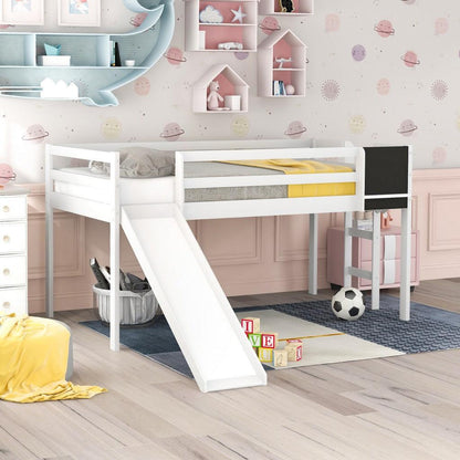 White Twin Loft Bed Bed Chalkboard and Slide - FurniFindUSA