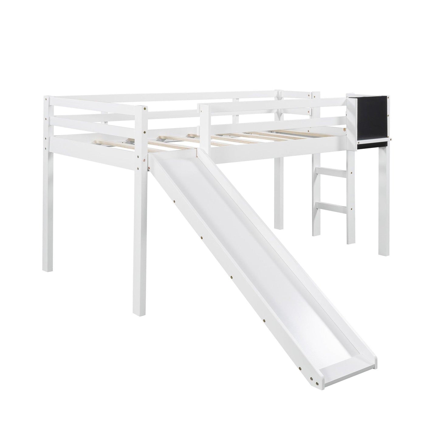 White Twin Loft Bed Bed Chalkboard and Slide - FurniFindUSA