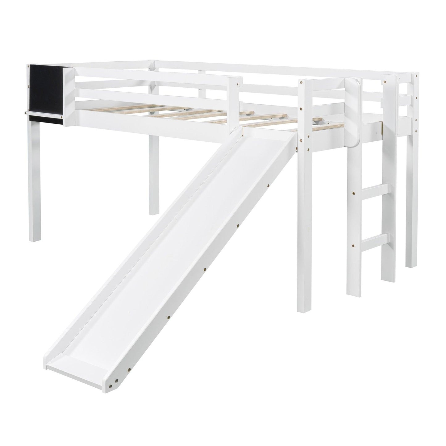 White Twin Loft Bed Bed Chalkboard and Slide - FurniFindUSA