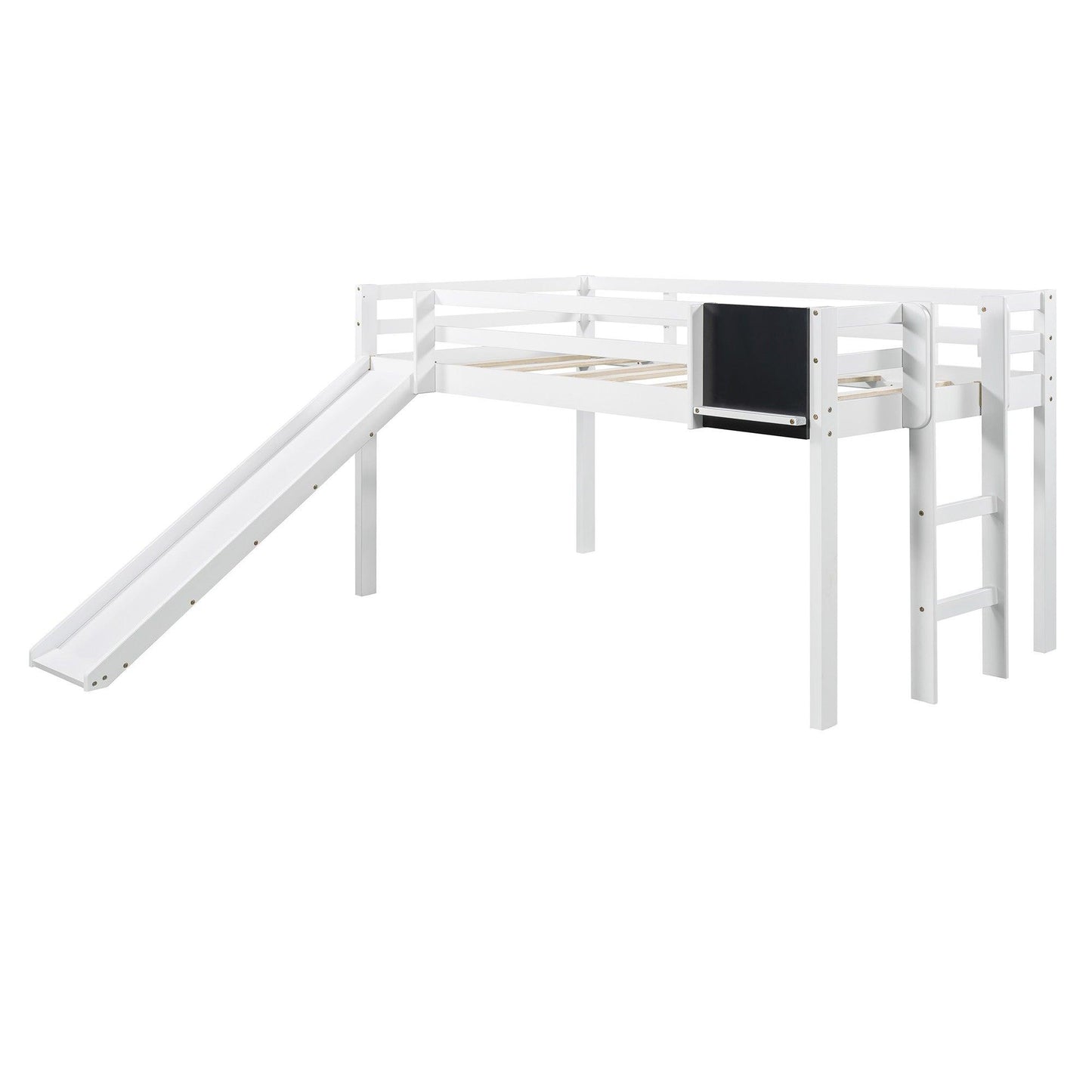 White Twin Loft Bed Bed Chalkboard and Slide - FurniFindUSA