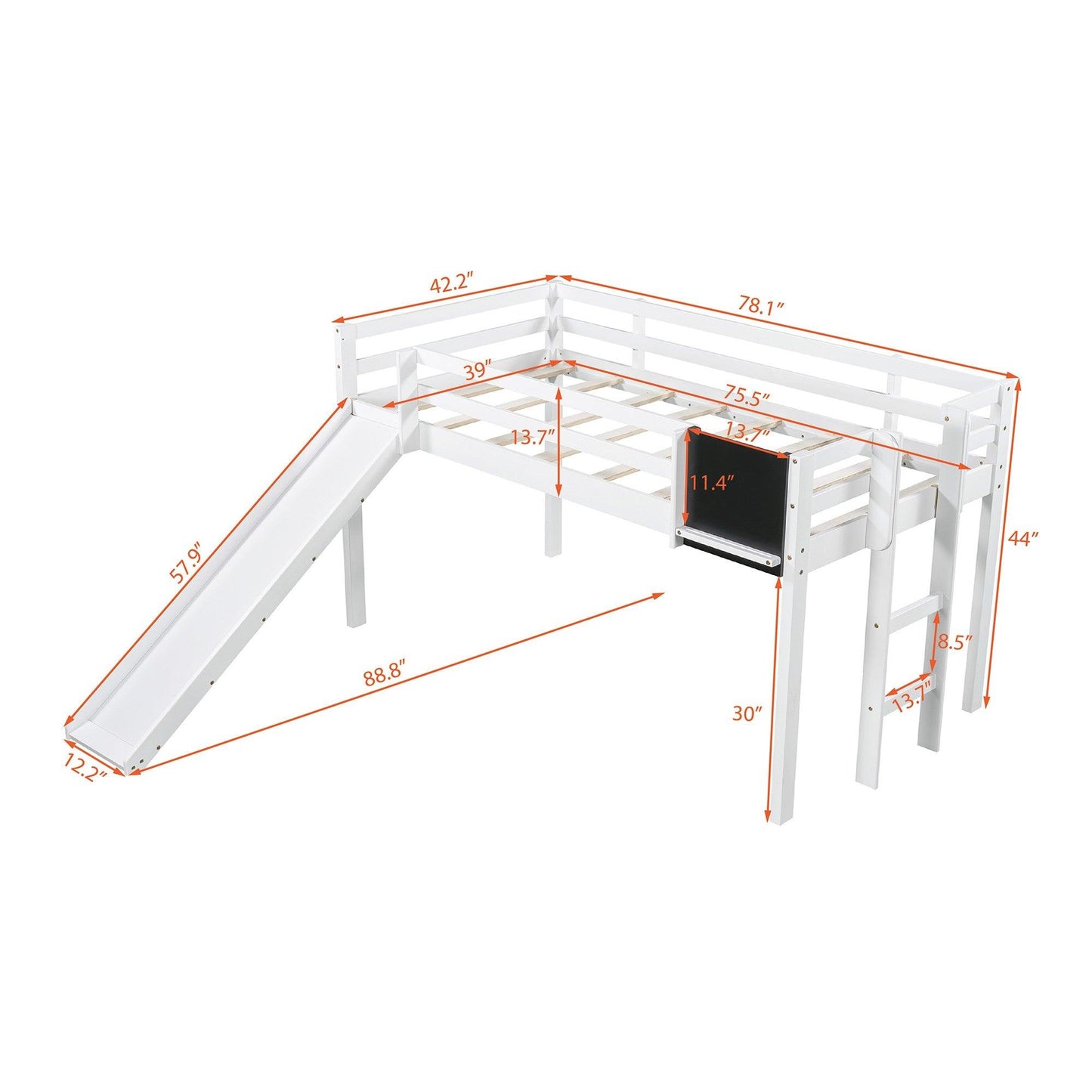 White Twin Loft Bed Bed Chalkboard and Slide - FurniFindUSA