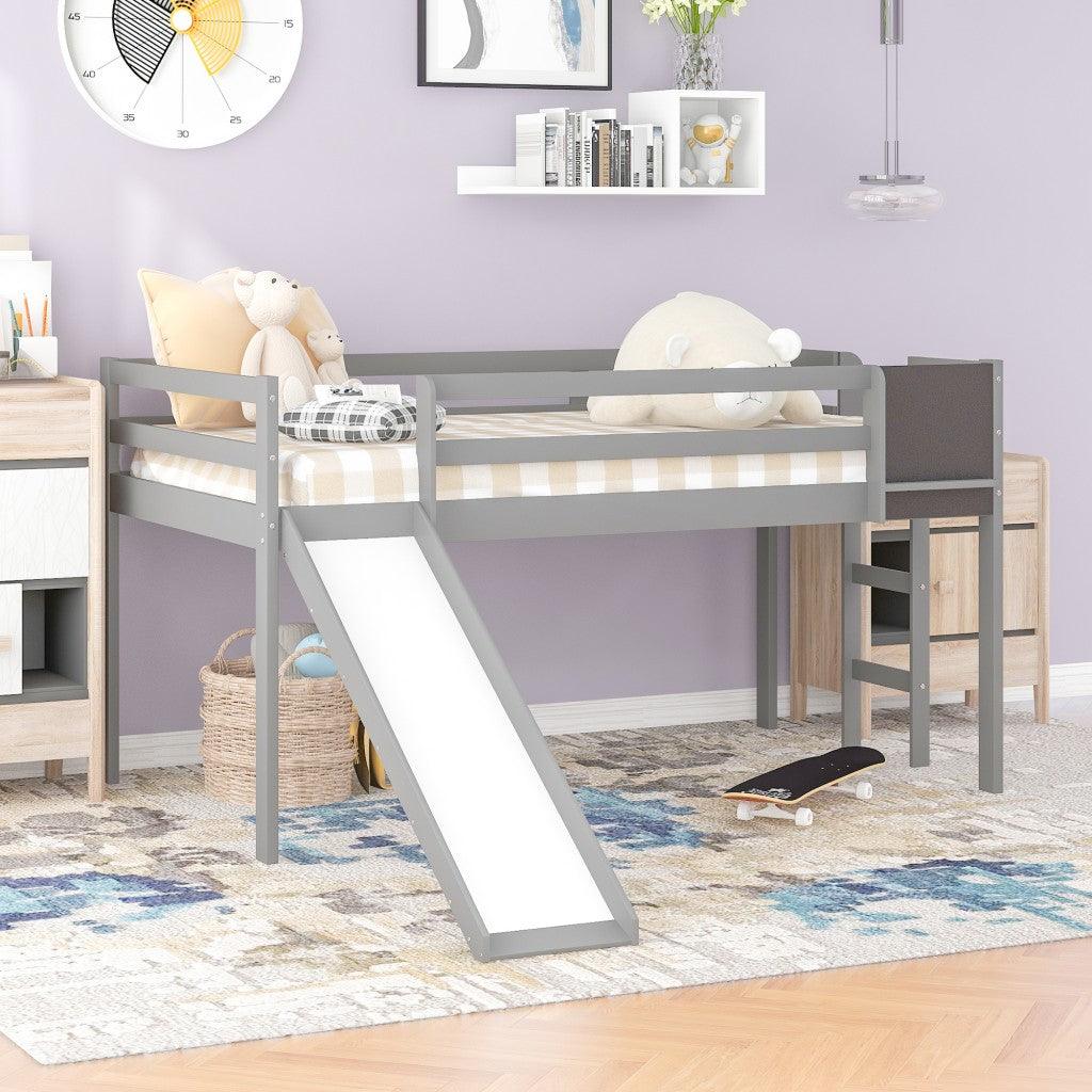 Gray Twin Loft Bed Bed Chalkboard and Slide - FurniFindUSA