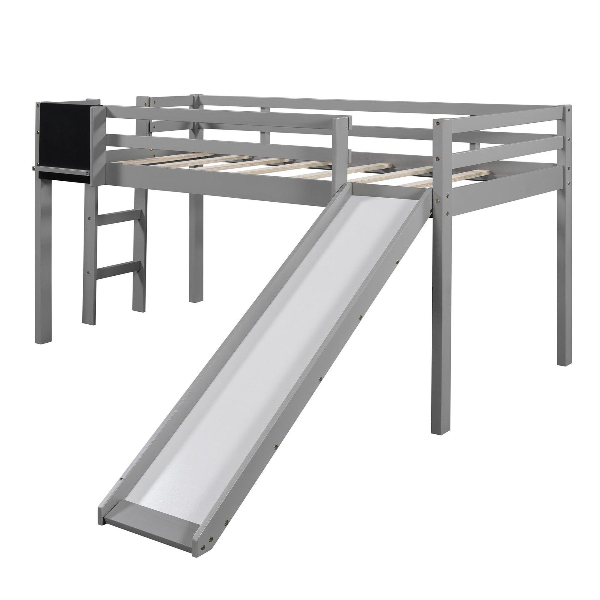 Gray Twin Loft Bed Bed Chalkboard and Slide - FurniFindUSA