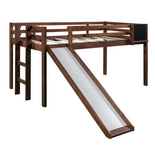 Walnut Twin Loft Bed Bed Chalkboard and Slide - FurniFindUSA