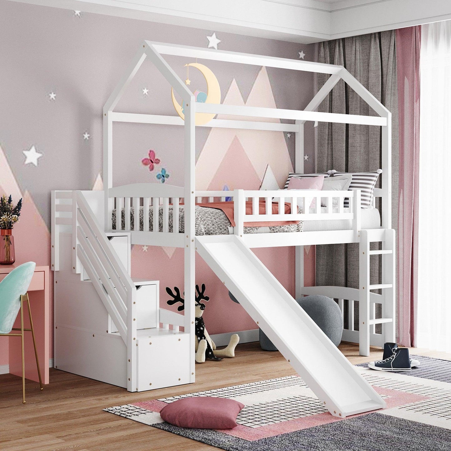 White Twin Size Playhouse Loft Bed With Drawers and Slide - FurniFindUSA