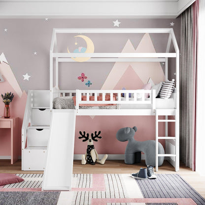 White Twin Size Playhouse Loft Bed With Drawers and Slide - FurniFindUSA