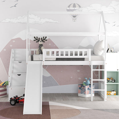 White Twin Size Playhouse Loft Bed With Drawers and Slide - FurniFindUSA