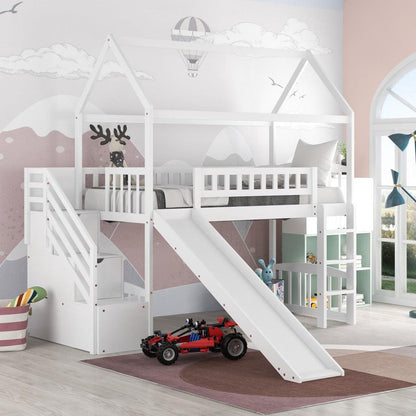 White Twin Size Playhouse Loft Bed With Drawers and Slide - FurniFindUSA