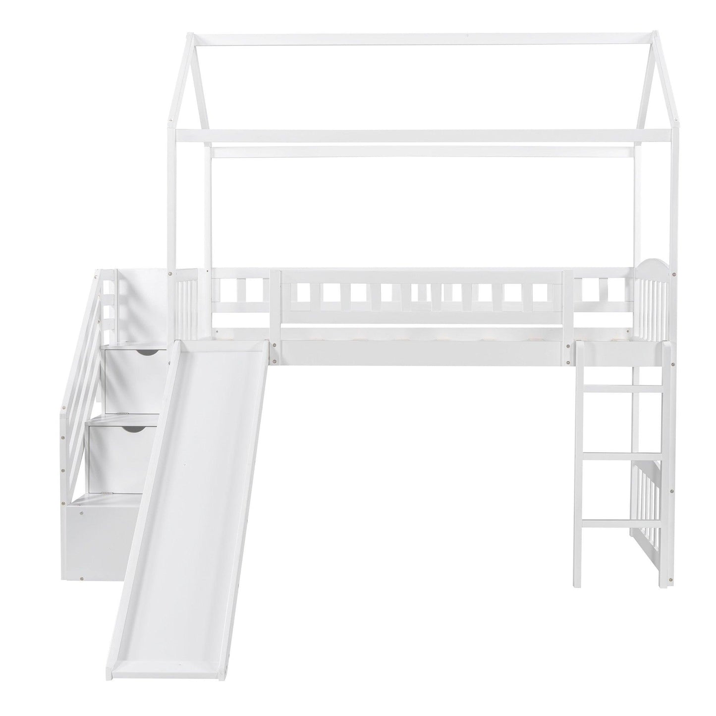 White Twin Size Playhouse Loft Bed With Drawers and Slide - FurniFindUSA