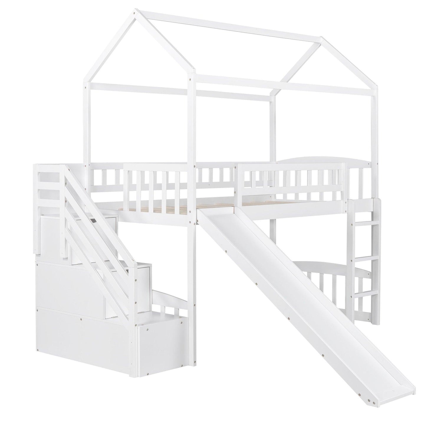 White Twin Size Playhouse Loft Bed With Drawers and Slide - FurniFindUSA