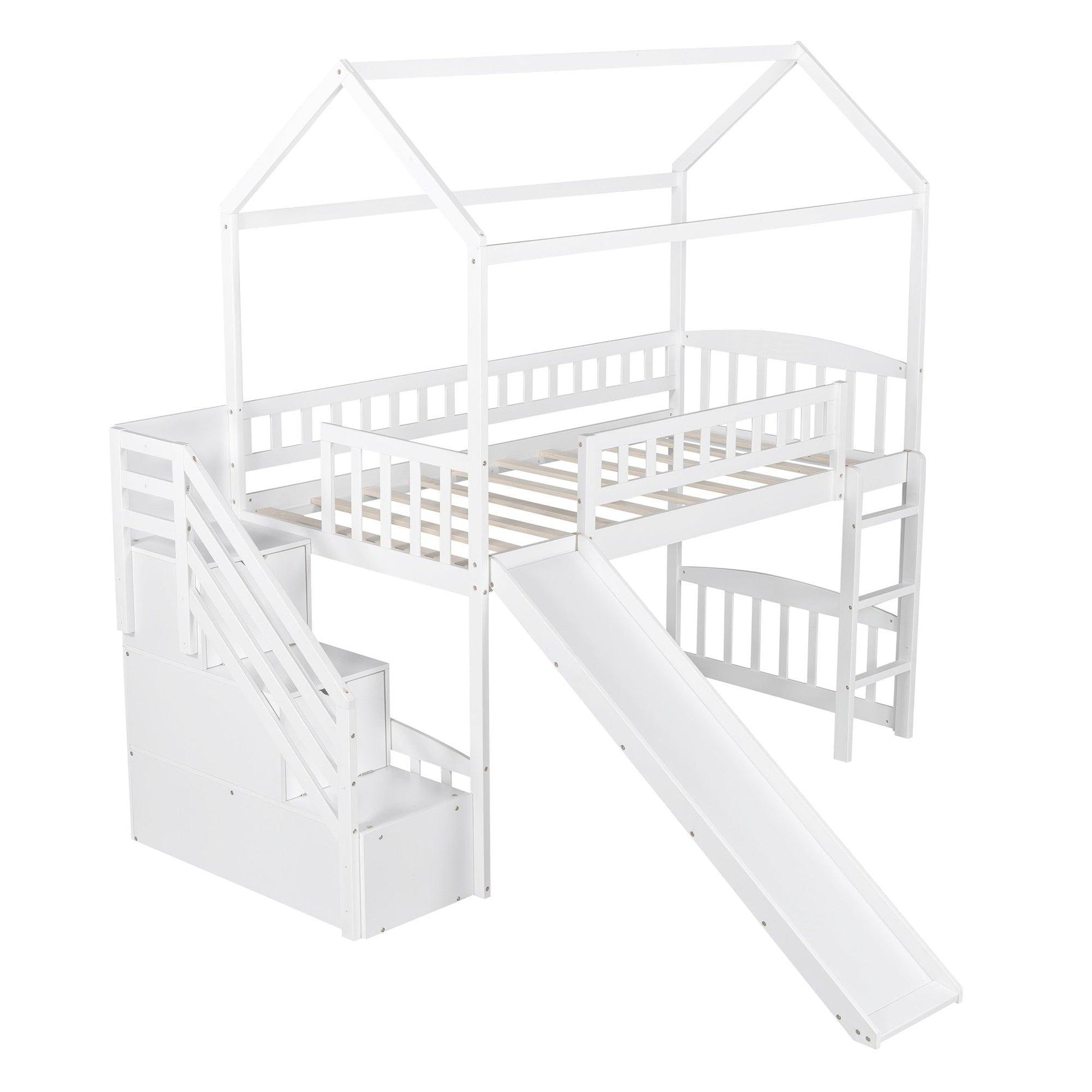 White Twin Size Playhouse Loft Bed With Drawers and Slide - FurniFindUSA