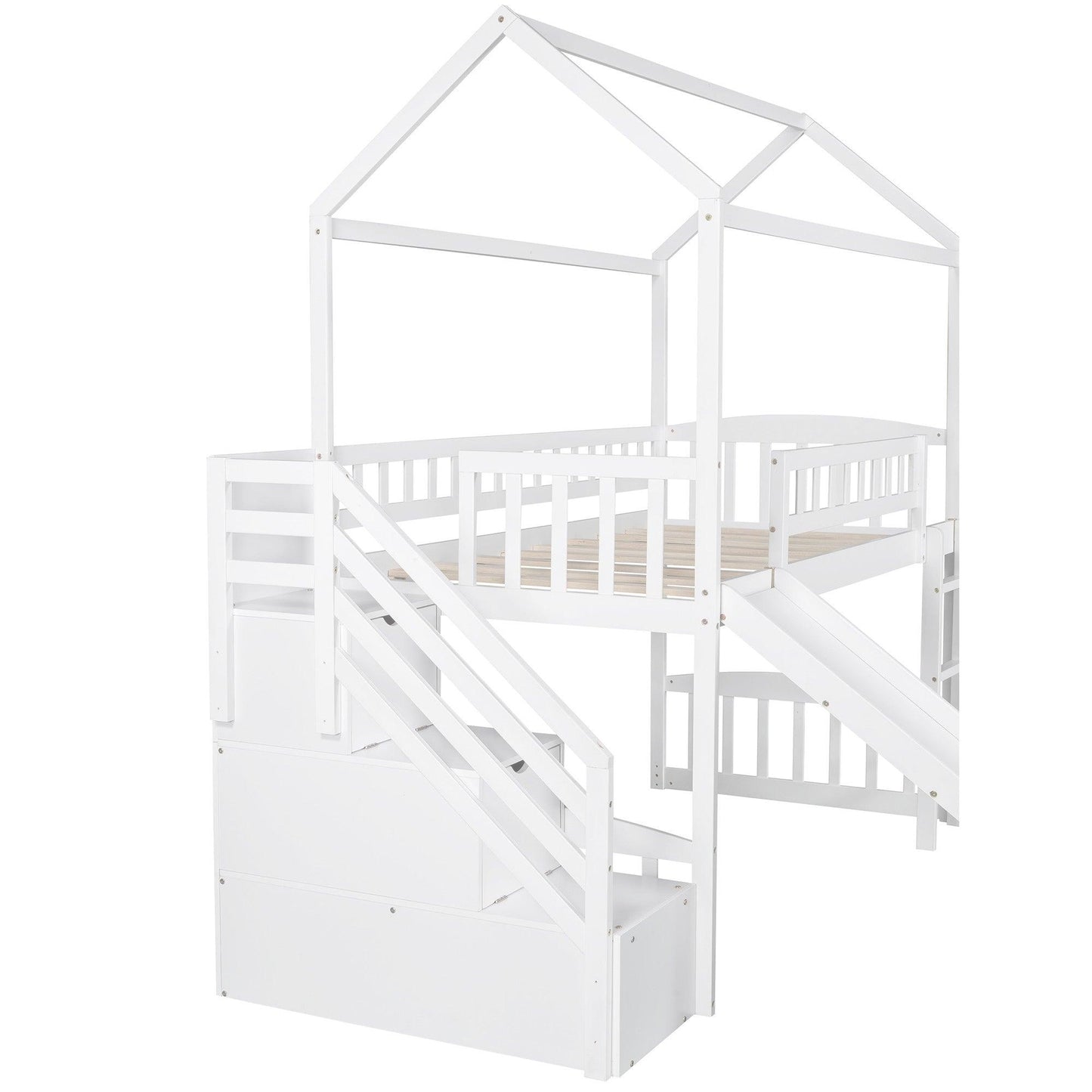 White Twin Size Playhouse Loft Bed With Drawers and Slide - FurniFindUSA