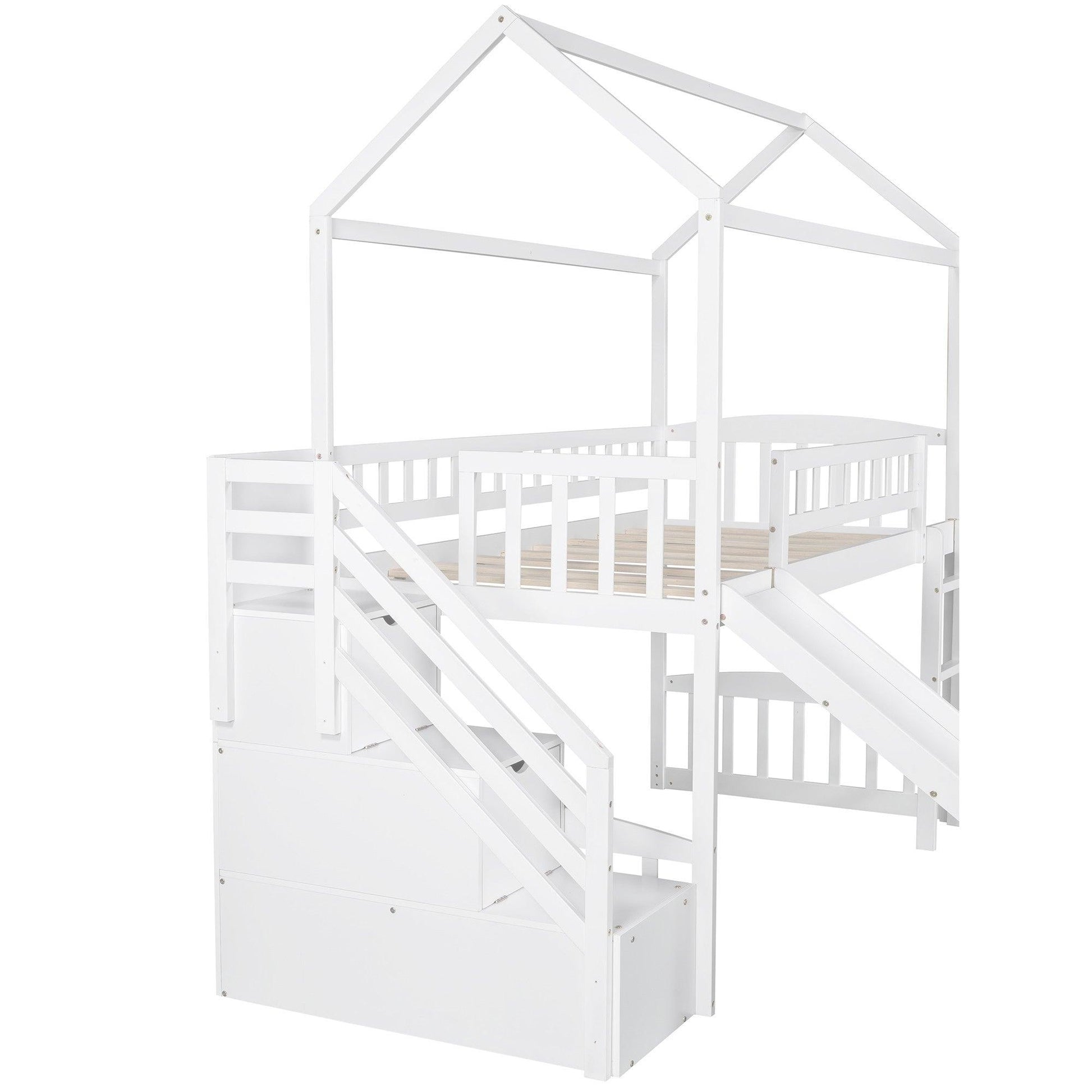 White Twin Size Playhouse Loft Bed With Drawers and Slide - FurniFindUSA