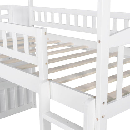 White Twin Size Playhouse Loft Bed With Drawers and Slide - FurniFindUSA