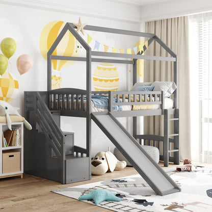 Gray Twin Size Playhouse Loft Bed With Drawers and Slide - FurniFindUSA