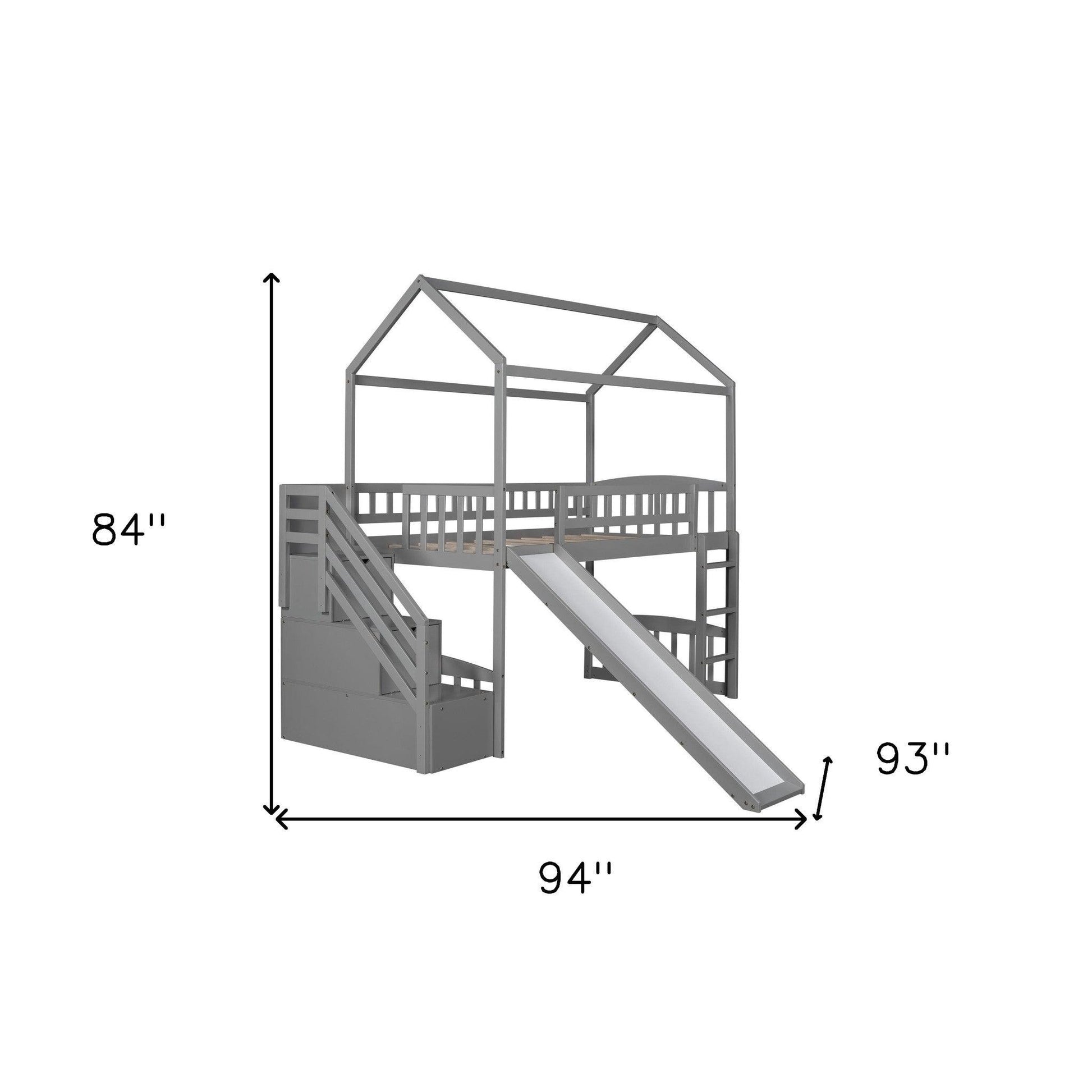 Gray Twin Size Playhouse Loft Bed With Drawers and Slide - FurniFindUSA