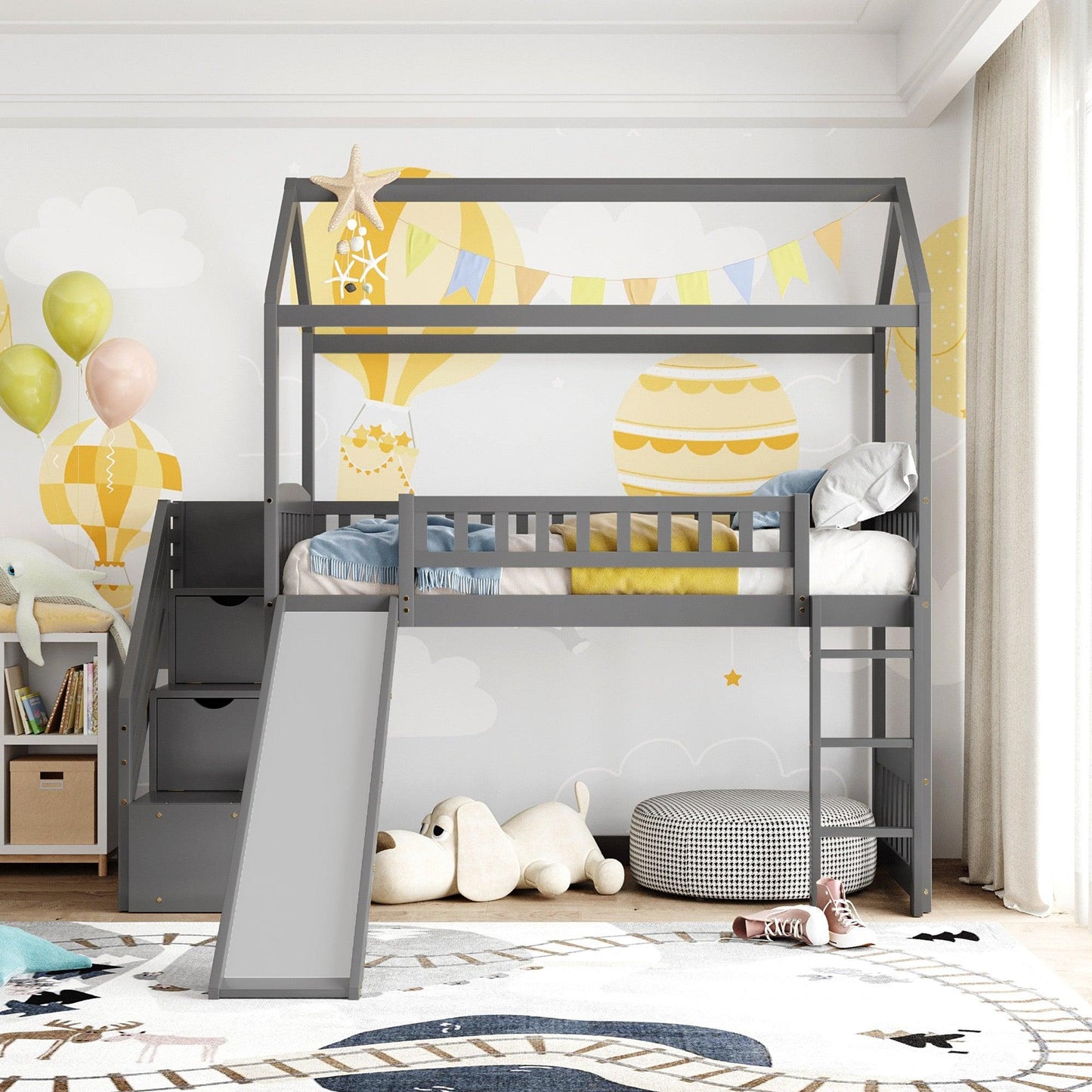 Gray Twin Size Playhouse Loft Bed With Drawers and Slide - FurniFindUSA