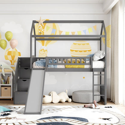 Gray Twin Size Playhouse Loft Bed With Drawers and Slide - FurniFindUSA