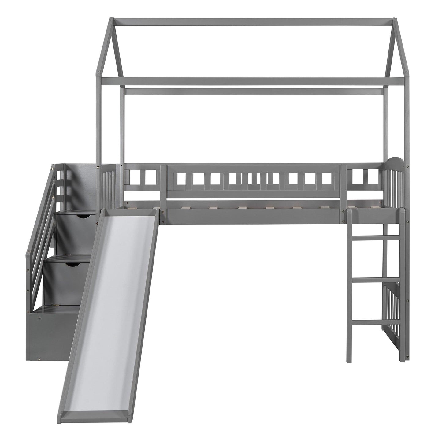 Gray Twin Size Playhouse Loft Bed With Drawers and Slide - FurniFindUSA