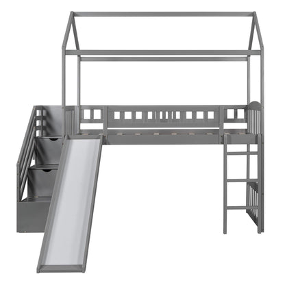 Gray Twin Size Playhouse Loft Bed With Drawers and Slide - FurniFindUSA