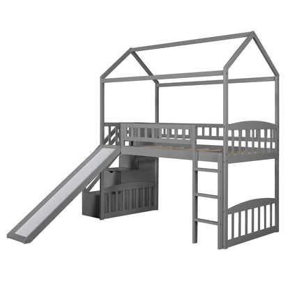 Gray Twin Size Playhouse Loft Bed With Drawers and Slide - FurniFindUSA