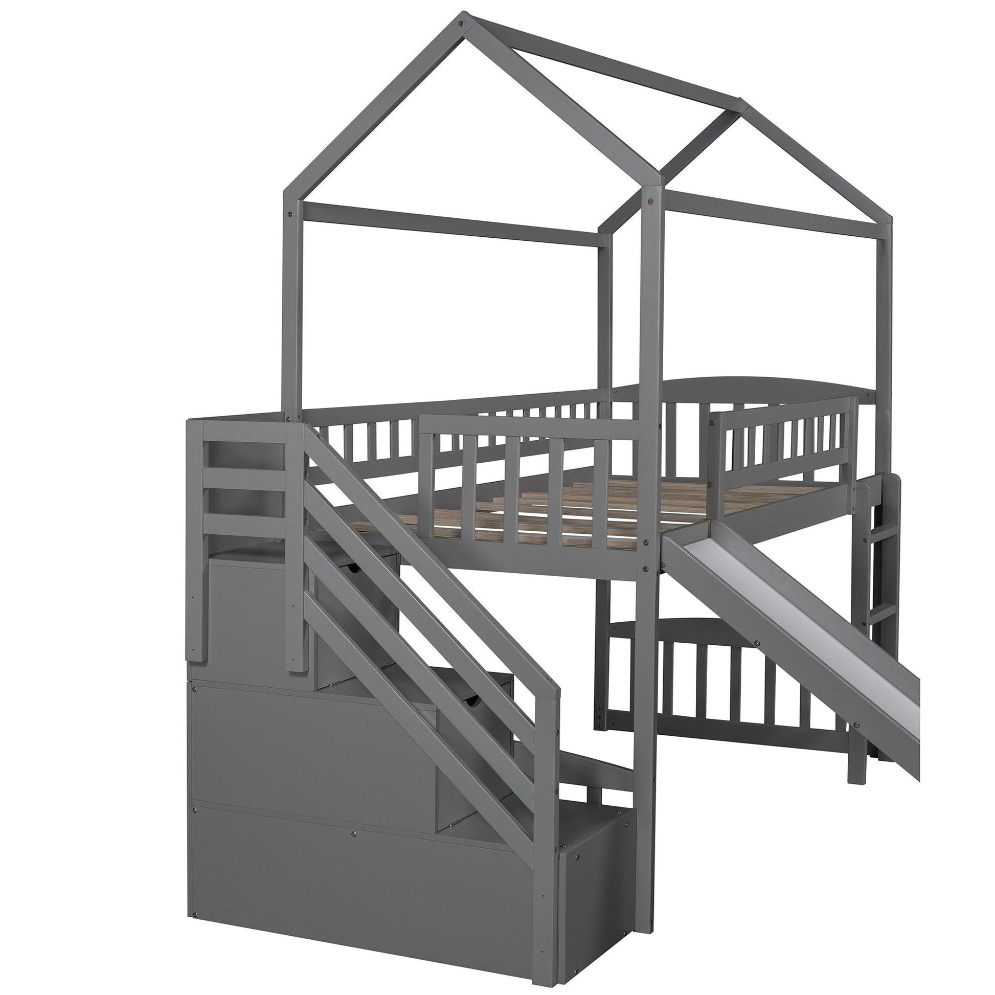 Gray Twin Size Playhouse Loft Bed With Drawers and Slide - FurniFindUSA