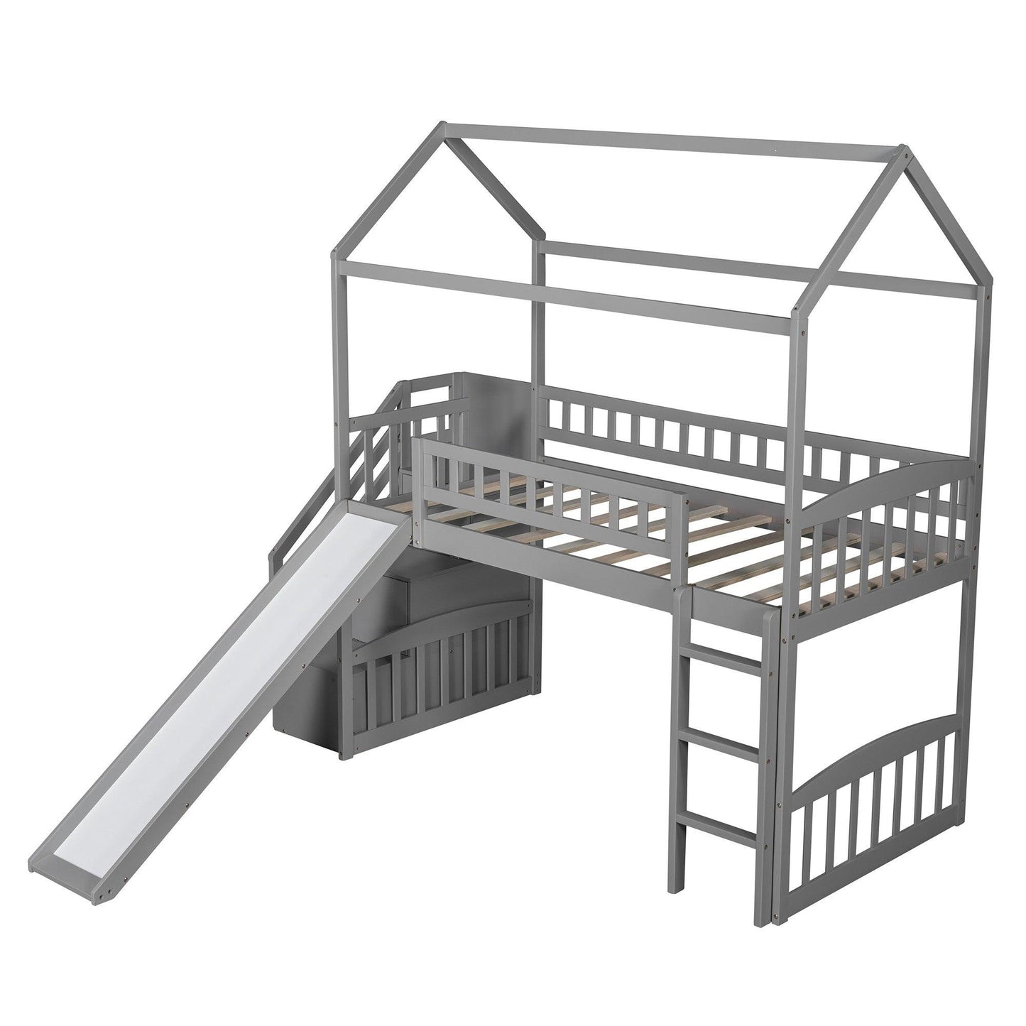 Gray Twin Size Playhouse Loft Bed With Drawers and Slide - FurniFindUSA