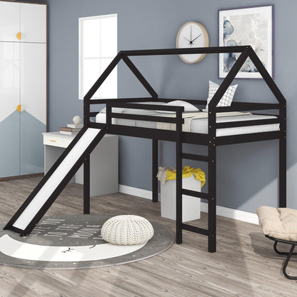 Brown Twin Size Slide House Loft Bed - FurniFindUSA