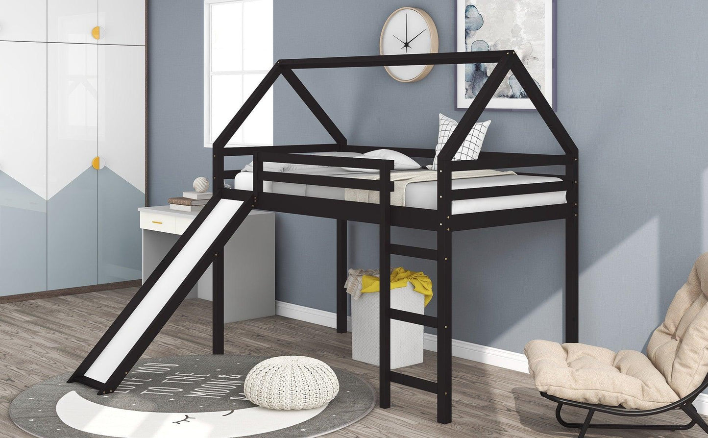 Brown Twin Size Slide House Loft Bed - FurniFindUSA