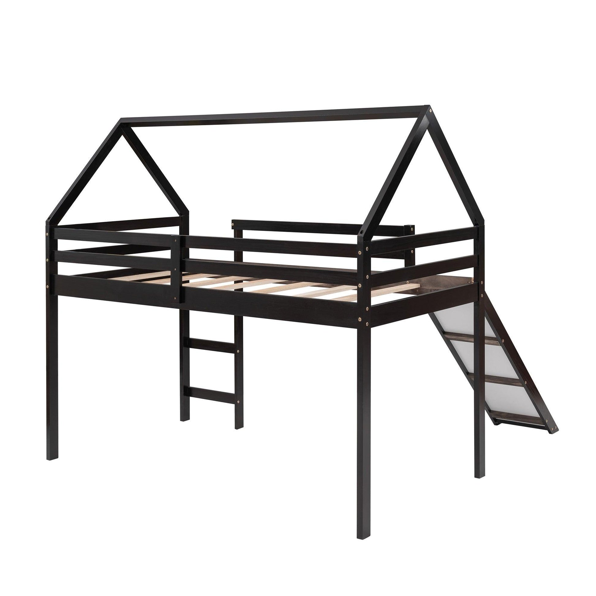 Brown Twin Size Slide House Loft Bed - FurniFindUSA