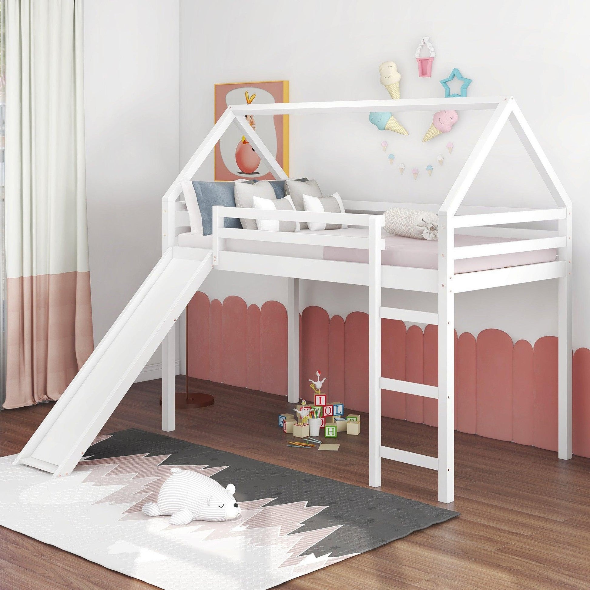 White Twin Size Slide House Loft Bed - FurniFindUSA