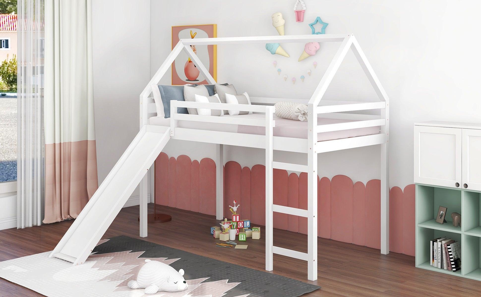 White Twin Size Slide House Loft Bed - FurniFindUSA