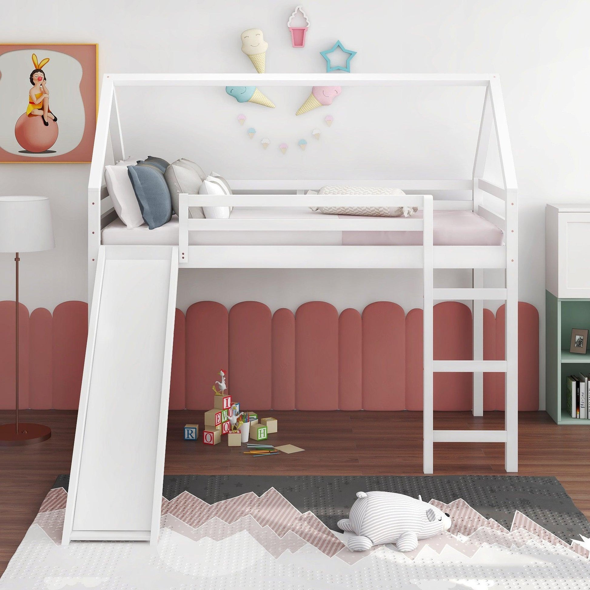 White Twin Size Slide House Loft Bed - FurniFindUSA