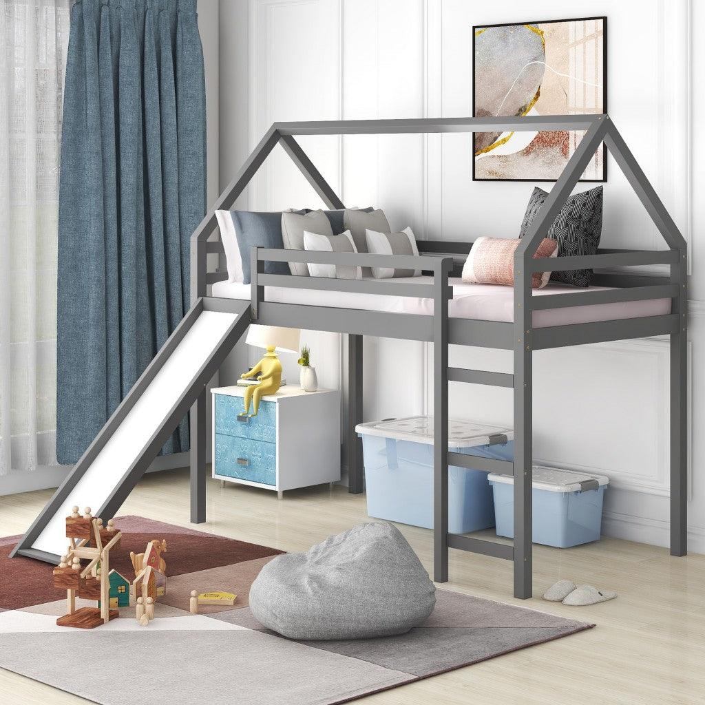 Gray Twin Size Slide House Loft Bed - FurniFindUSA